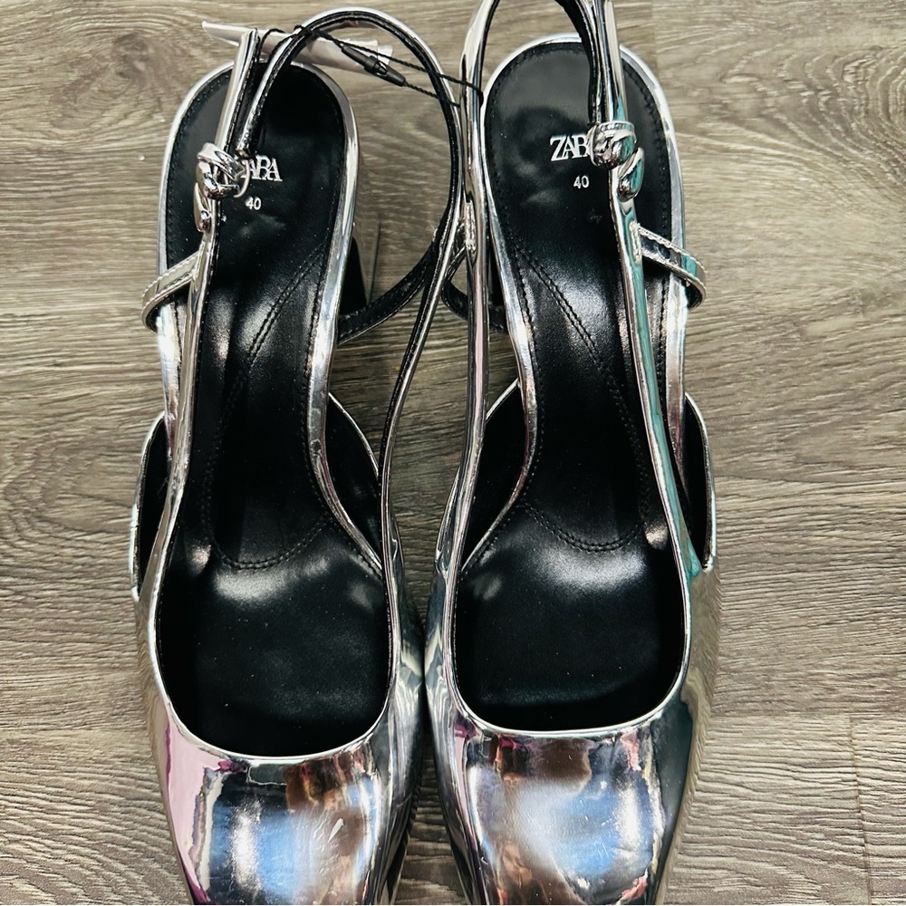 Zara NWT Metallic Silver Block Heel Slingback Heels Size 40 - Picture 4 of 13